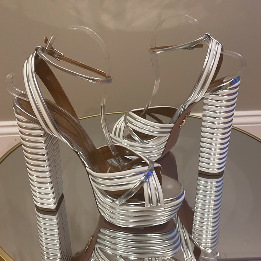 Aquazzura Sundance Silver metallic Platform heeled sandals sz 41 - Picture 10 of 17